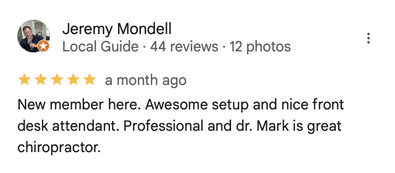 5-star review from Jeremy Mondell praising the professional setup and Dr. Mark