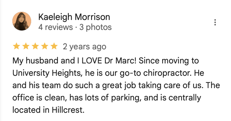 5-star review from Kaeleigh Morrison about Dr. Marc being their go-to chiropractor